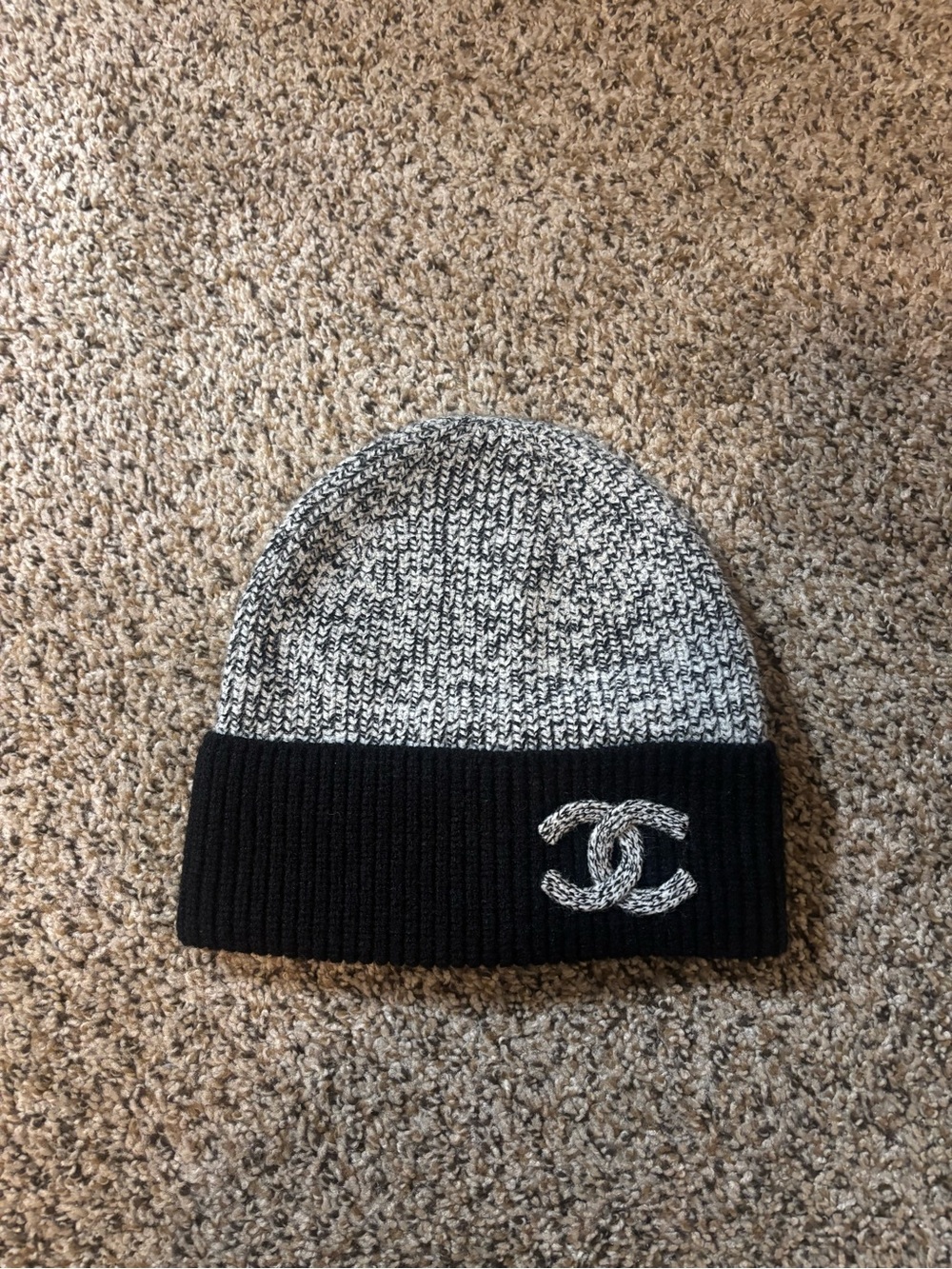 CHANEL Black & Gray Marled Knit Beanie with CC Patch